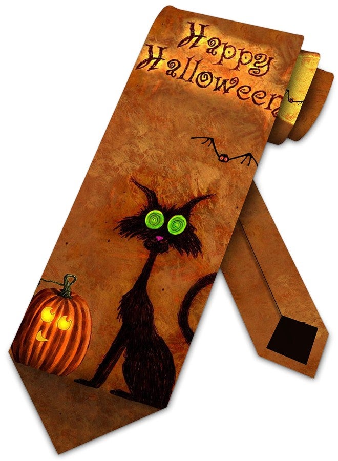 Three Rooker Happy Halloween Ties Black Cat Mens Pumpkin Necktie - Image 1